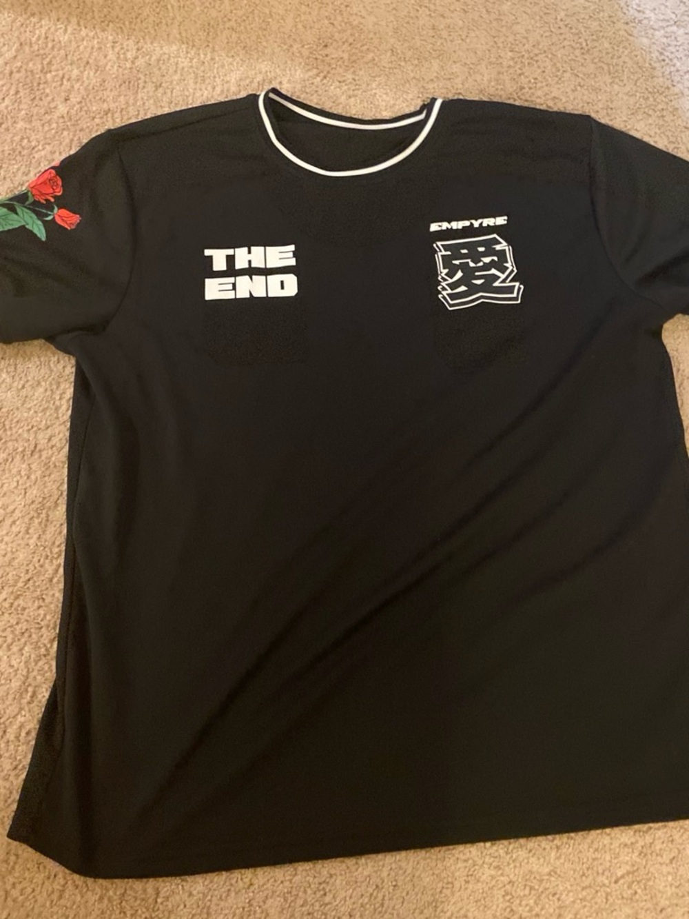 Empyre Black Short-Sleeve Tee with White 'THE END' Graphic and Red Rose Sleeve